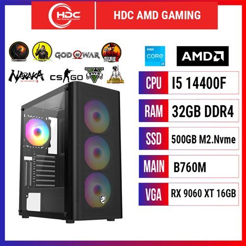 PC HDC GAMING CPU Intel i5 14400F – RAM 32GB DDR4 – SSD 512GB – MAIN B760M - VGA RX 9060 XT 16GB